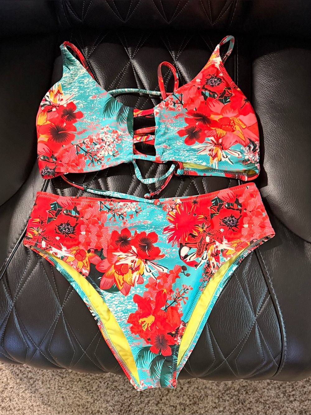 Tropical Floral Strappy Bikini - Red & Aqua